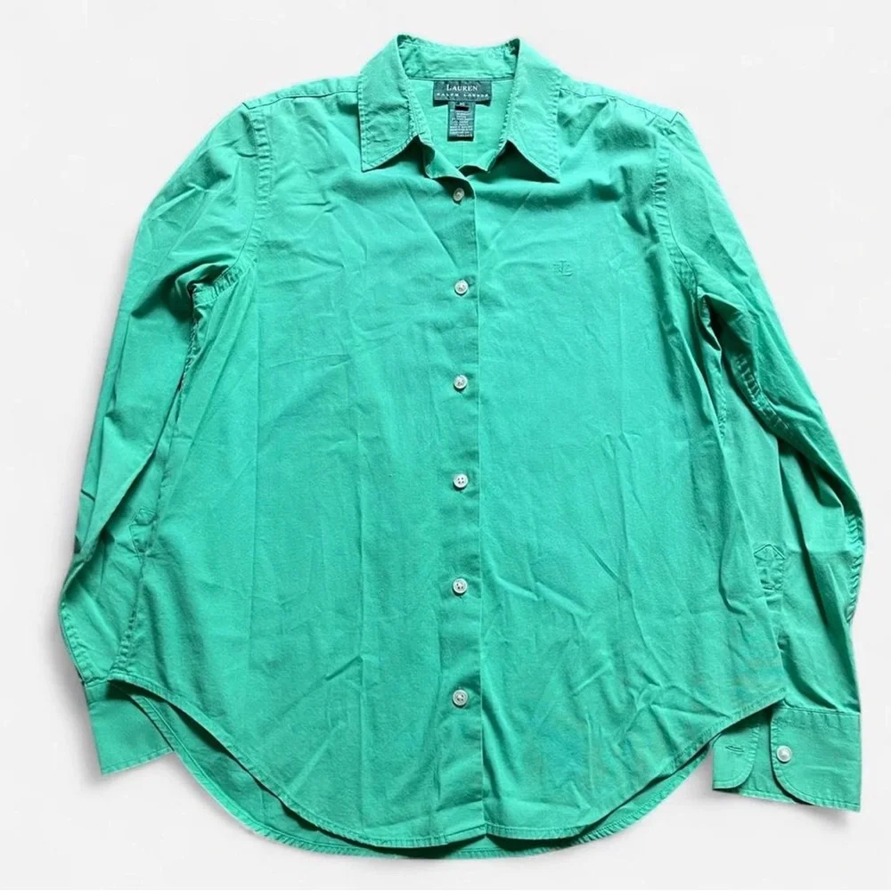 Lauren Ralph Lauren Polo Blouse Green Solid Stretch Button Up - Picture 1 of 7
